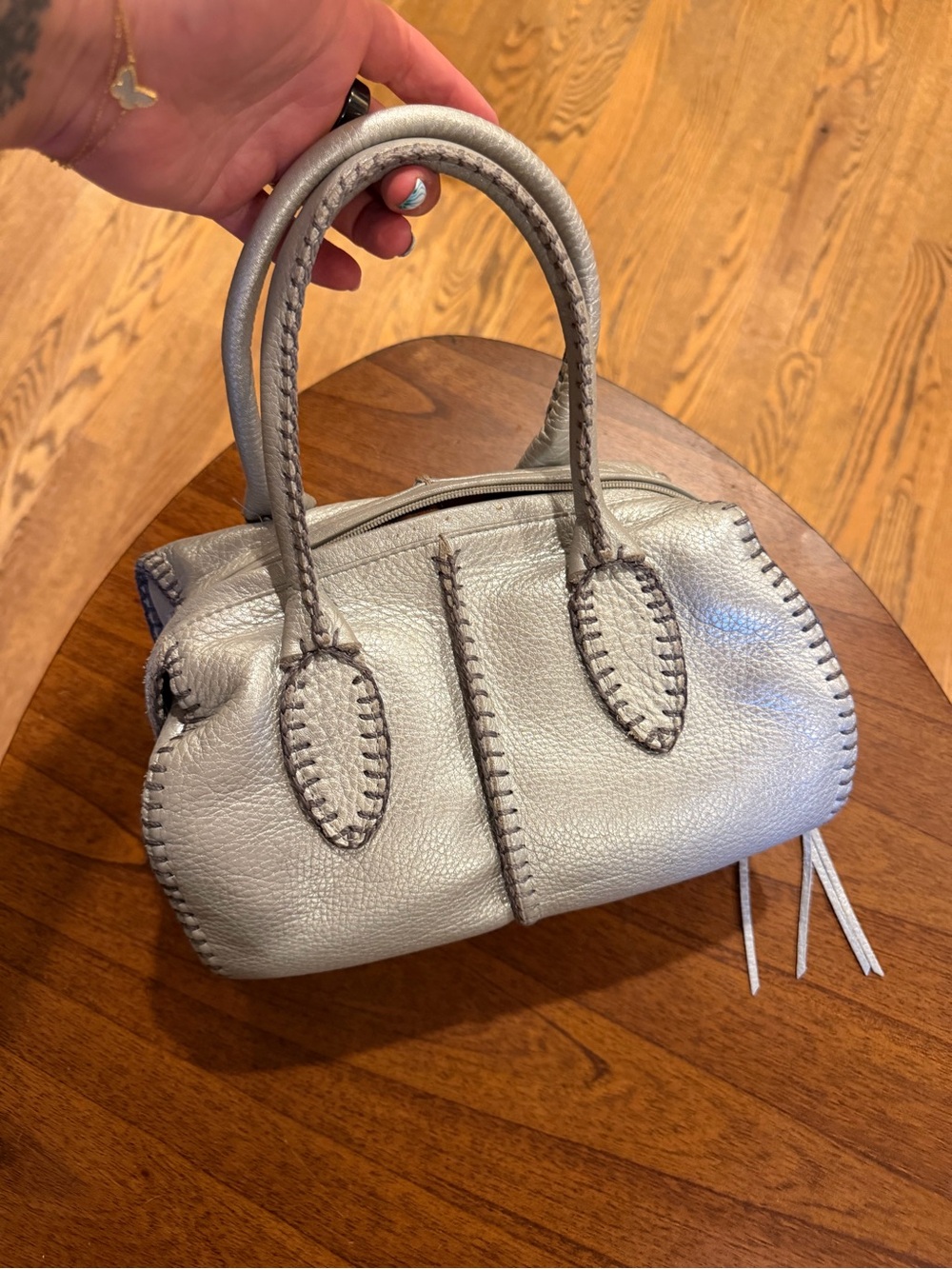 Carlos Falchi Silver Whipstitch Pebbled Leather Satchel